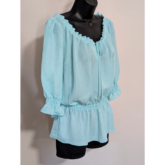 Willi Smith Light Blue Ruffled Peasant Blouse Peplum Top 3/4 Sleeve Medium - Picture 2 of 5